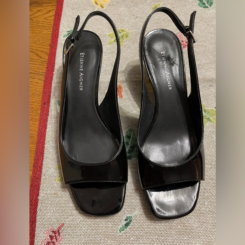 WOMENS ETIENNE AIGNER SQUARE OPEN TOE Patent Slingback Black Wedges US size 6